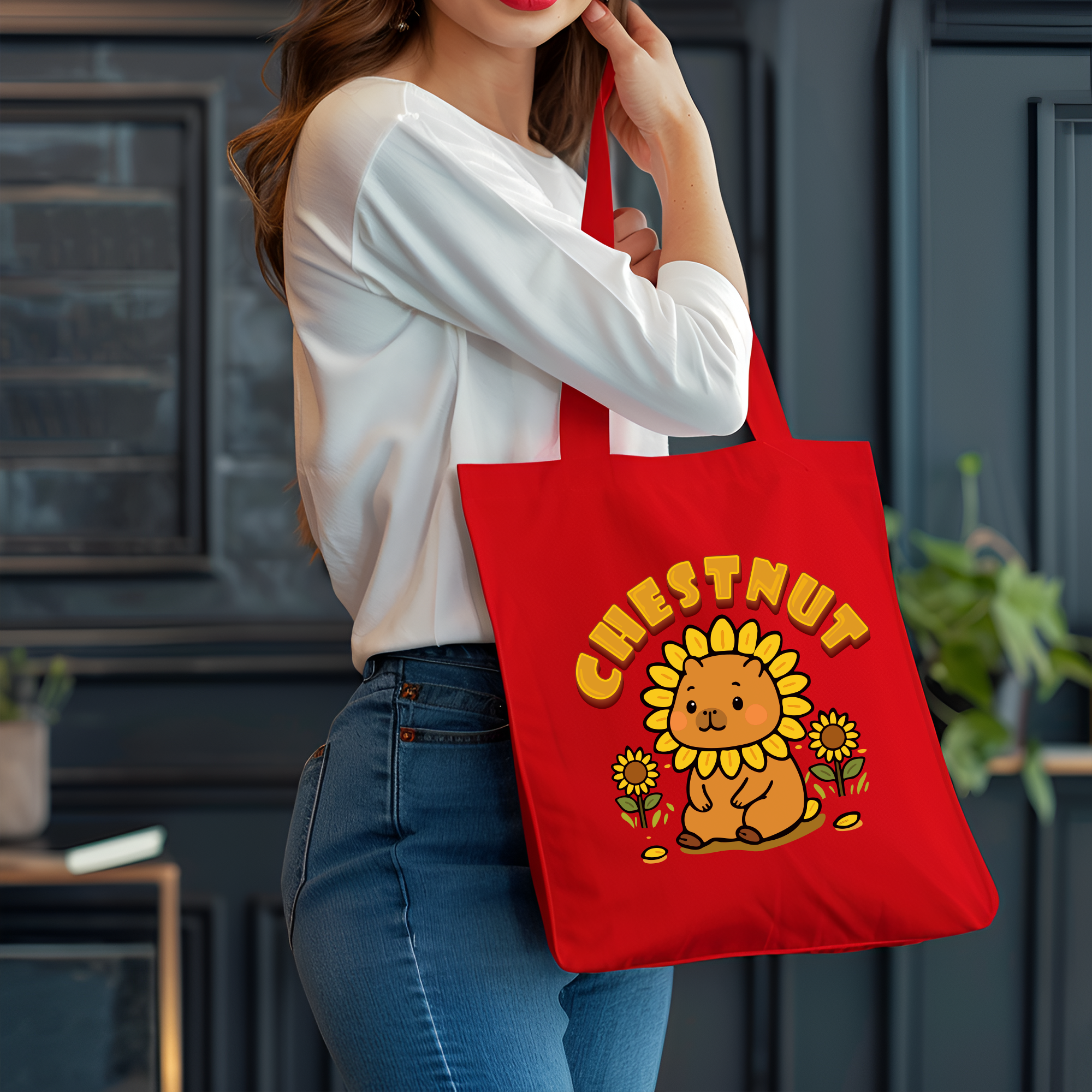 Chestnut the Sunflower Lover Capybara Cartoon Tote Bag, Cute Kawaii Animal Gift