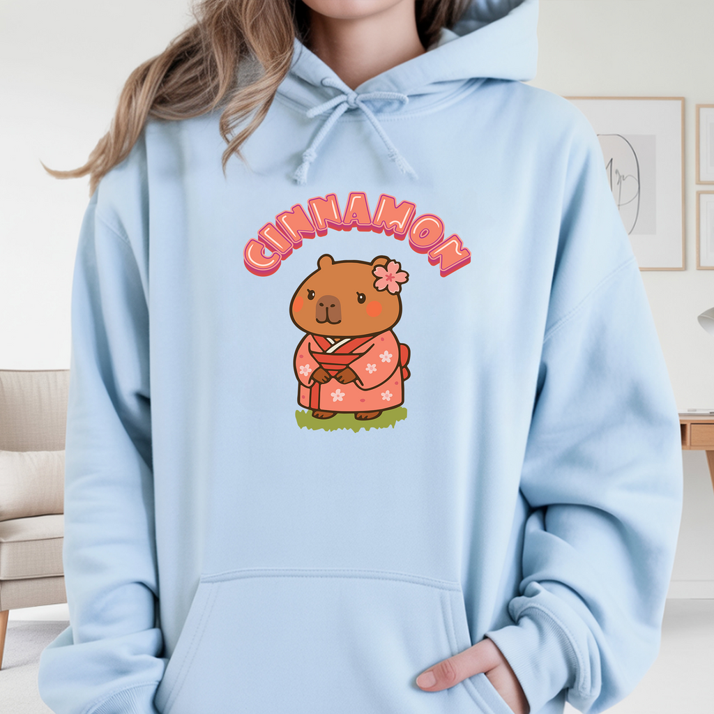 Cinnamon the Cherry Blossom Lover Capybara Cartoon Hoodie, Cute Kawaii Animal Gift