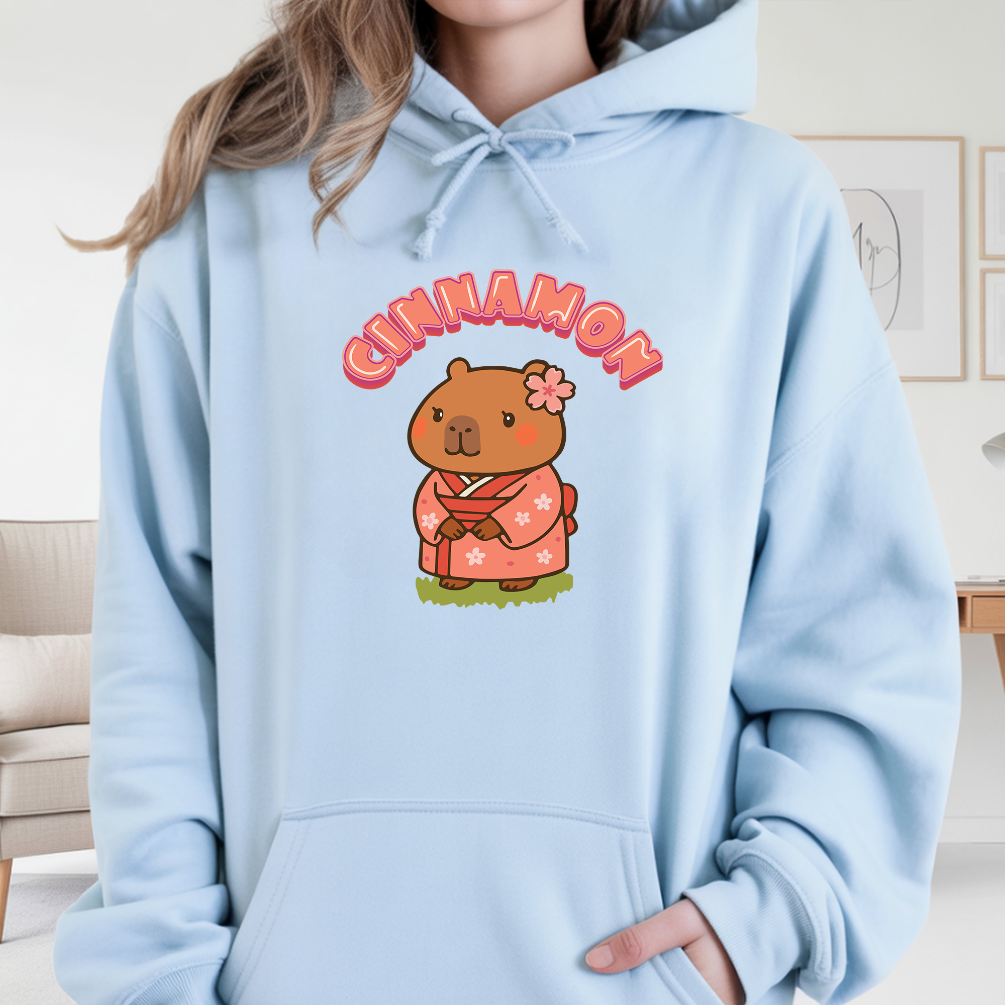 Cinnamon the Cherry Blossom Lover Capybara Cartoon Hoodie, Cute Kawaii Animal Gift