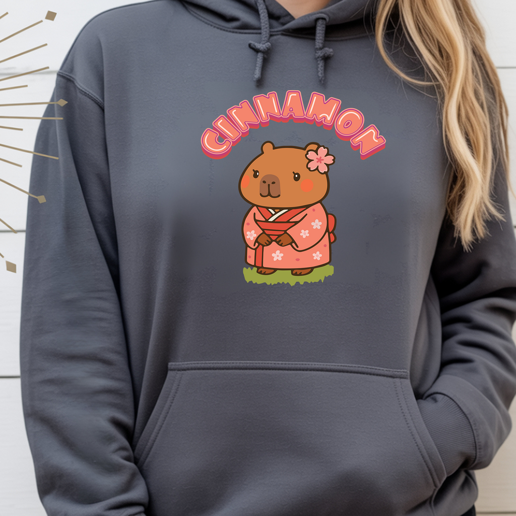 Cinnamon the Cherry Blossom Lover Capybara Cartoon Hoodie, Cute Kawaii Animal Gift