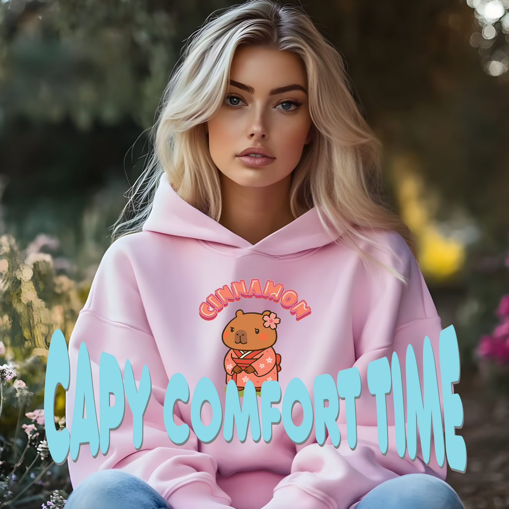 Cinnamon the Cherry Blossom Lover Capybara Cartoon Hoodie, Cute Kawaii Animal Gift