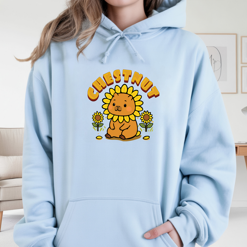 Chestnut the Sunflower Lover Capybara Cartoon Hoodie, Cute Kawaii Animal Gift