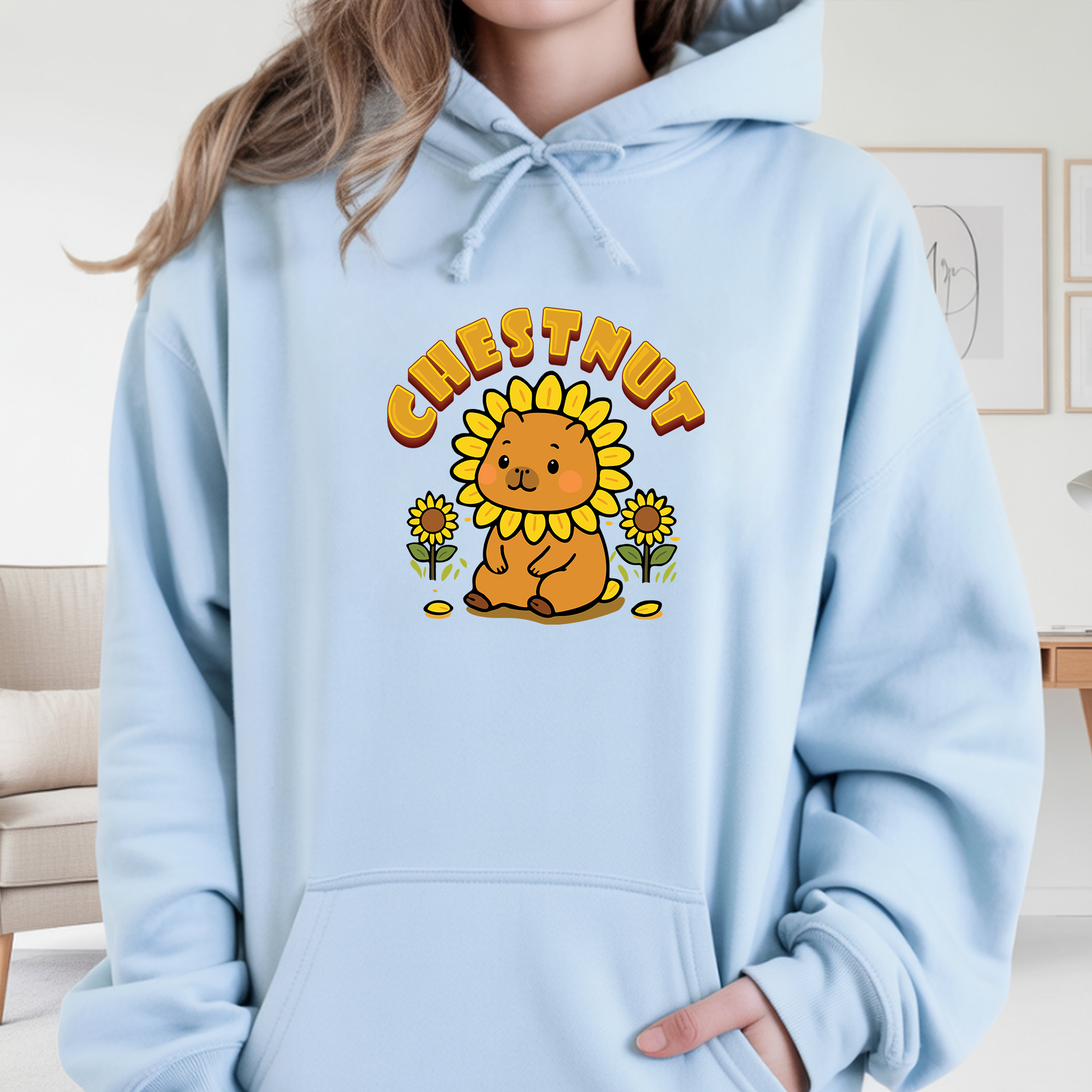 Chestnut the Sunflower Lover Capybara Cartoon Hoodie, Cute Kawaii Animal Gift