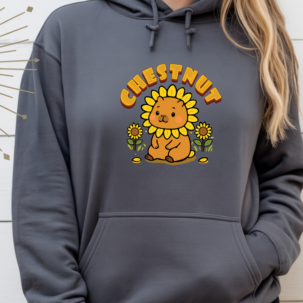 Chestnut the Sunflower Lover Capybara Cartoon Hoodie, Cute Kawaii Animal Gift