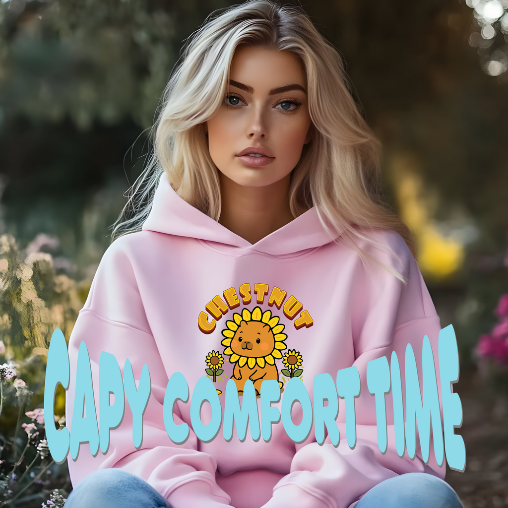 Chestnut the Sunflower Lover Capybara Cartoon Hoodie, Cute Kawaii Animal Gift