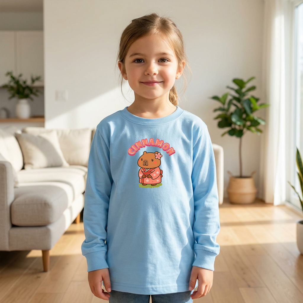 Cinnamon the Cherry Blossom Lover Capybara Cartoon long sleeve shirt, Cute Kawaii Animal Gift