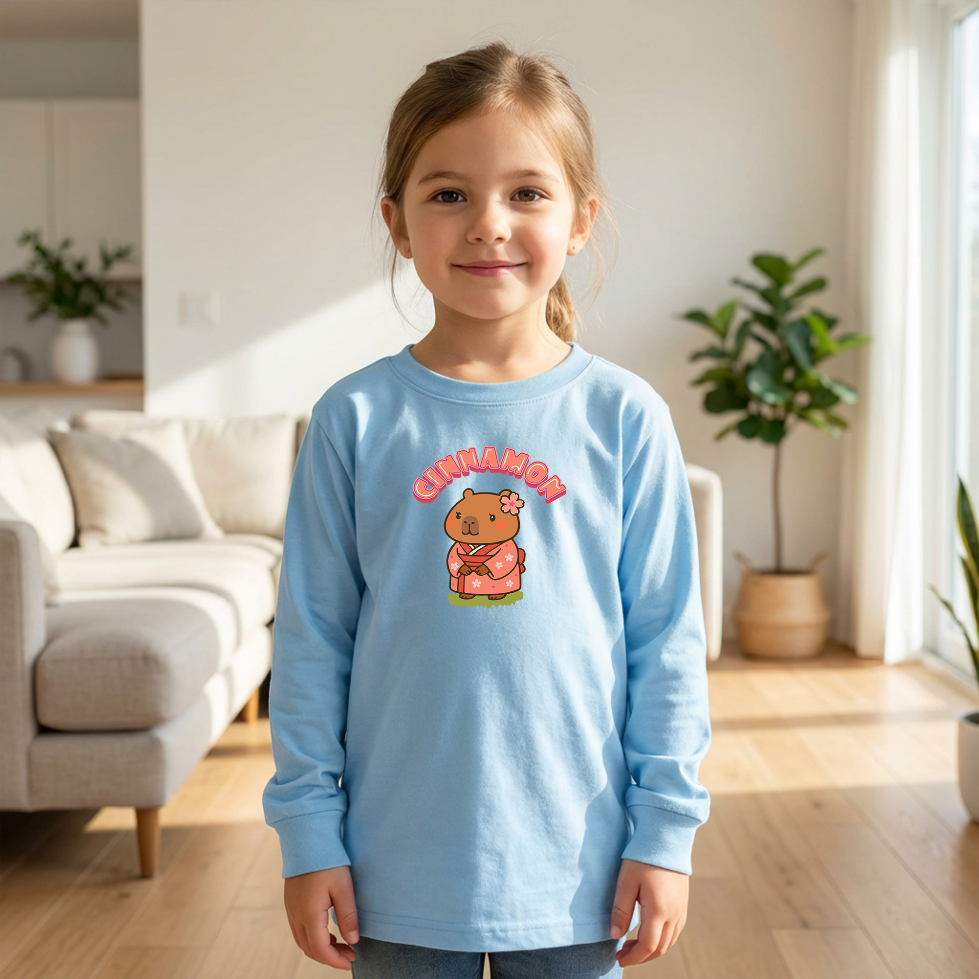 Cinnamon the Cherry Blossom Lover Capybara Cartoon long sleeve shirt, Cute Kawaii Animal Gift