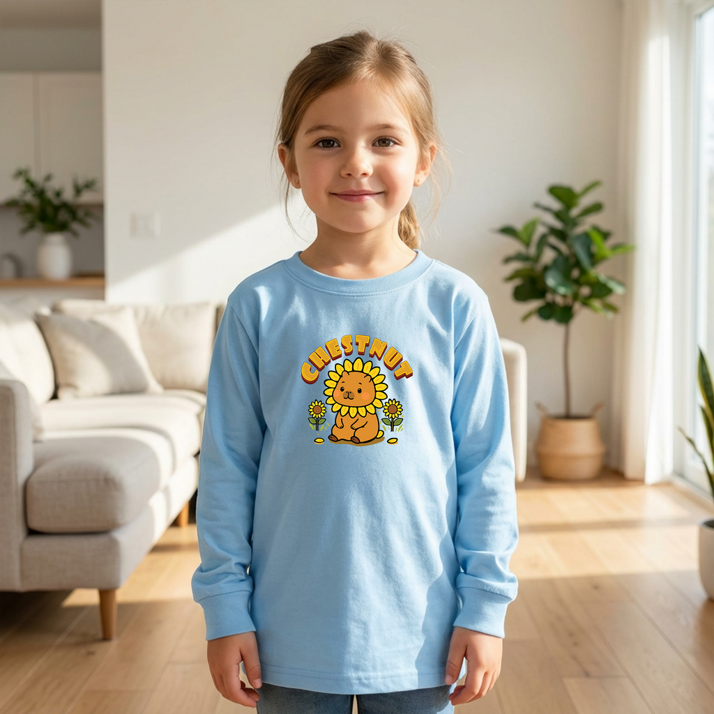 Chestnut the Sunflower Lover Capybara Cartoon long sleeve shirt, Cute Kawaii Animal Gift