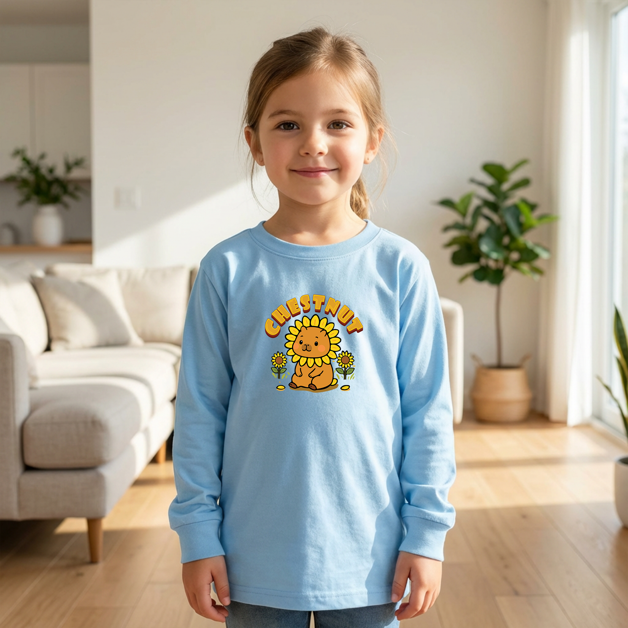 Chestnut the Sunflower Lover Capybara Cartoon long sleeve shirt, Cute Kawaii Animal Gift