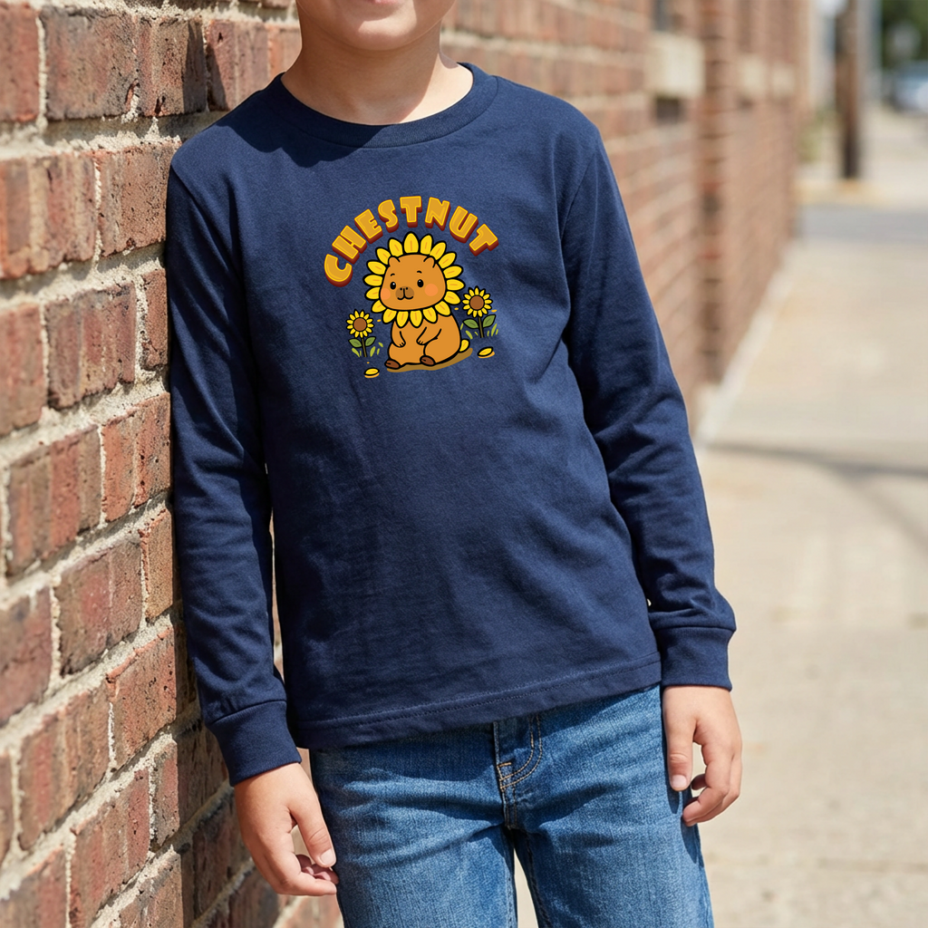 Chestnut the Sunflower Lover Capybara Cartoon long sleeve shirt, Cute Kawaii Animal Gift