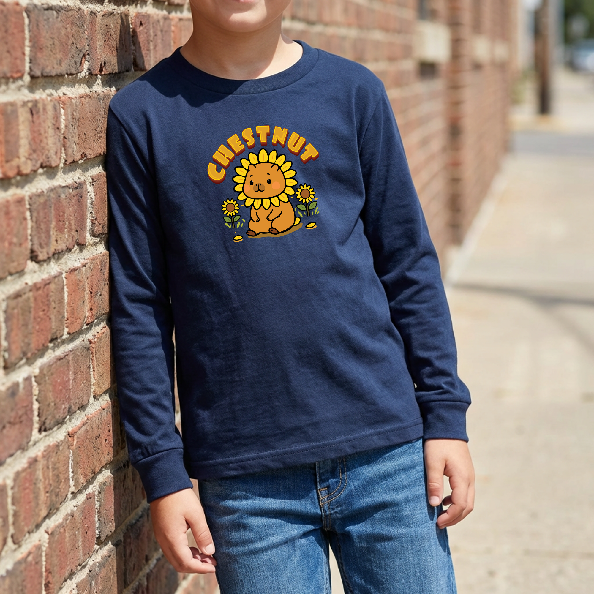 Chestnut the Sunflower Lover Capybara Cartoon long sleeve shirt, Cute Kawaii Animal Gift