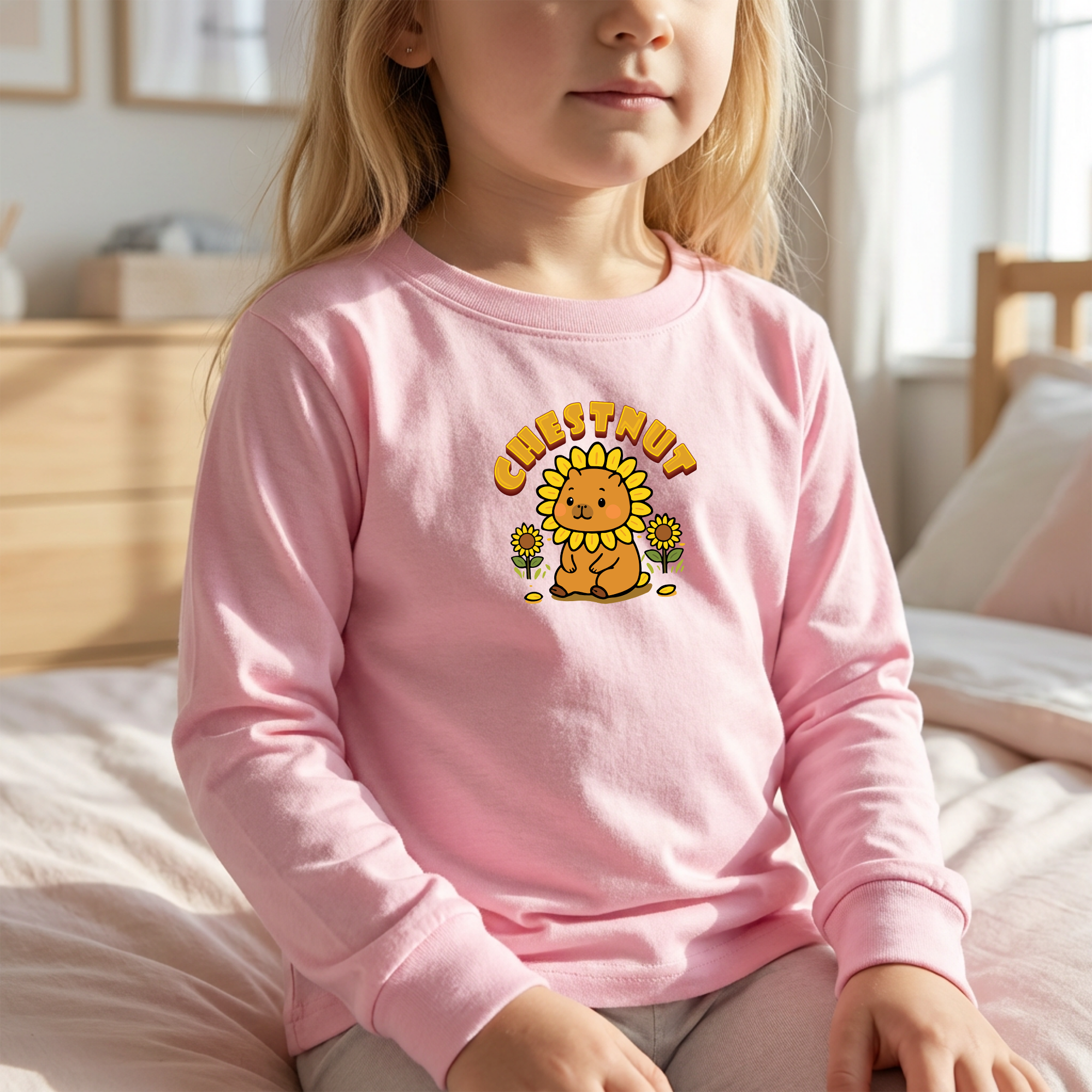Chestnut the Sunflower Lover Capybara Cartoon long sleeve shirt, Cute Kawaii Animal Gift
