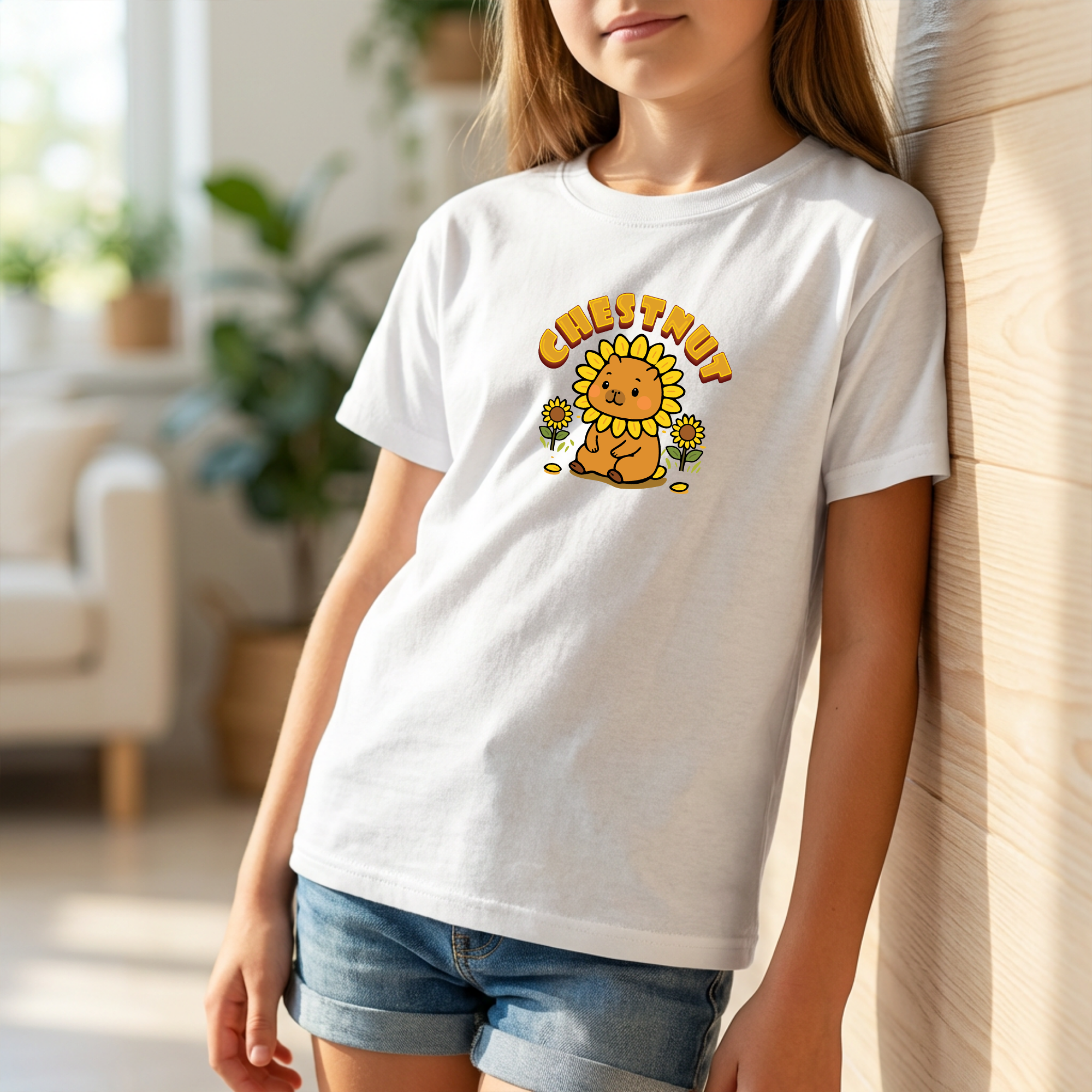 Chestnut the Sunflower Lover Capybara Cartoon T-Shirt, Cute Kawaii Animal Gift