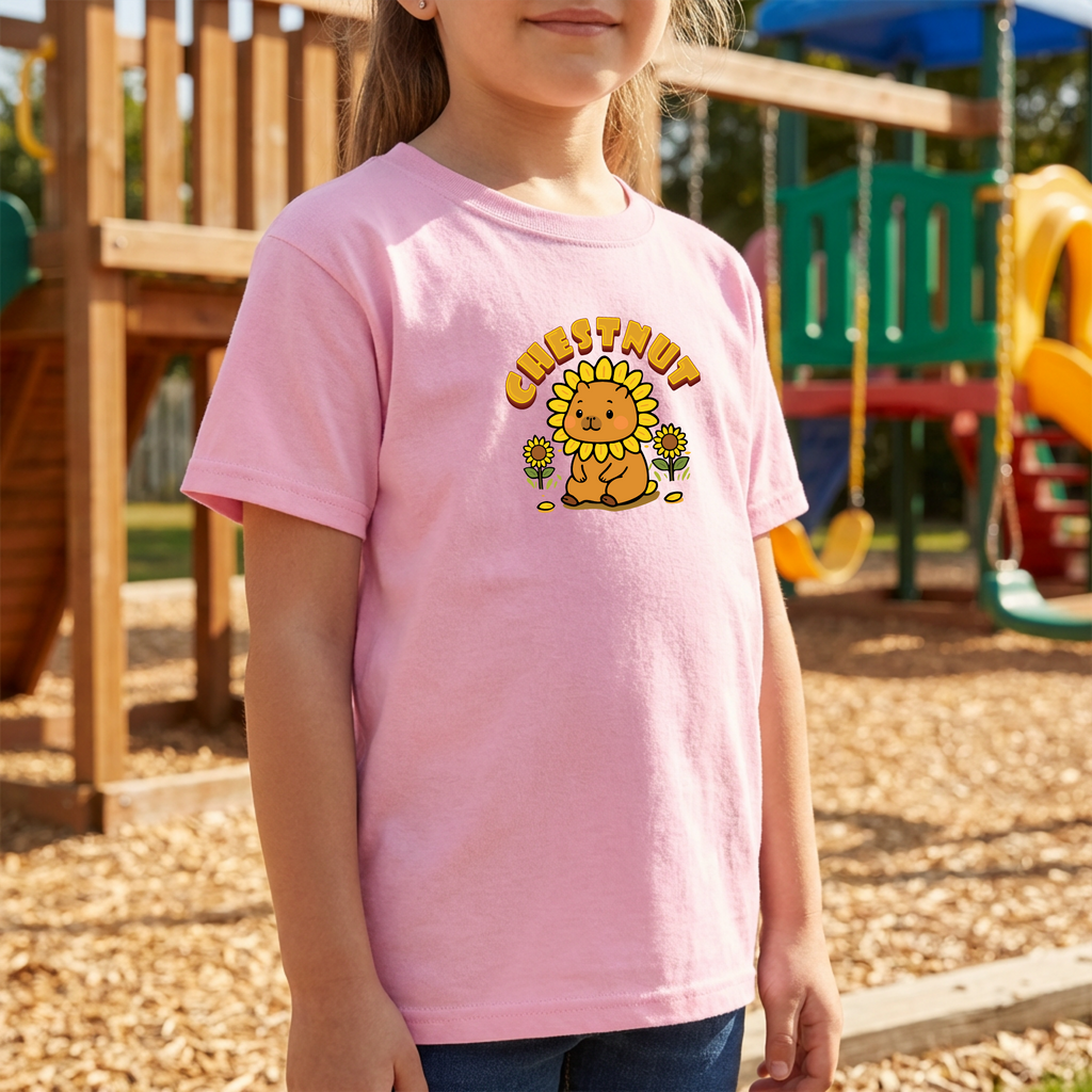 Chestnut the Sunflower Lover Capybara Cartoon T-Shirt, Cute Kawaii Animal Gift