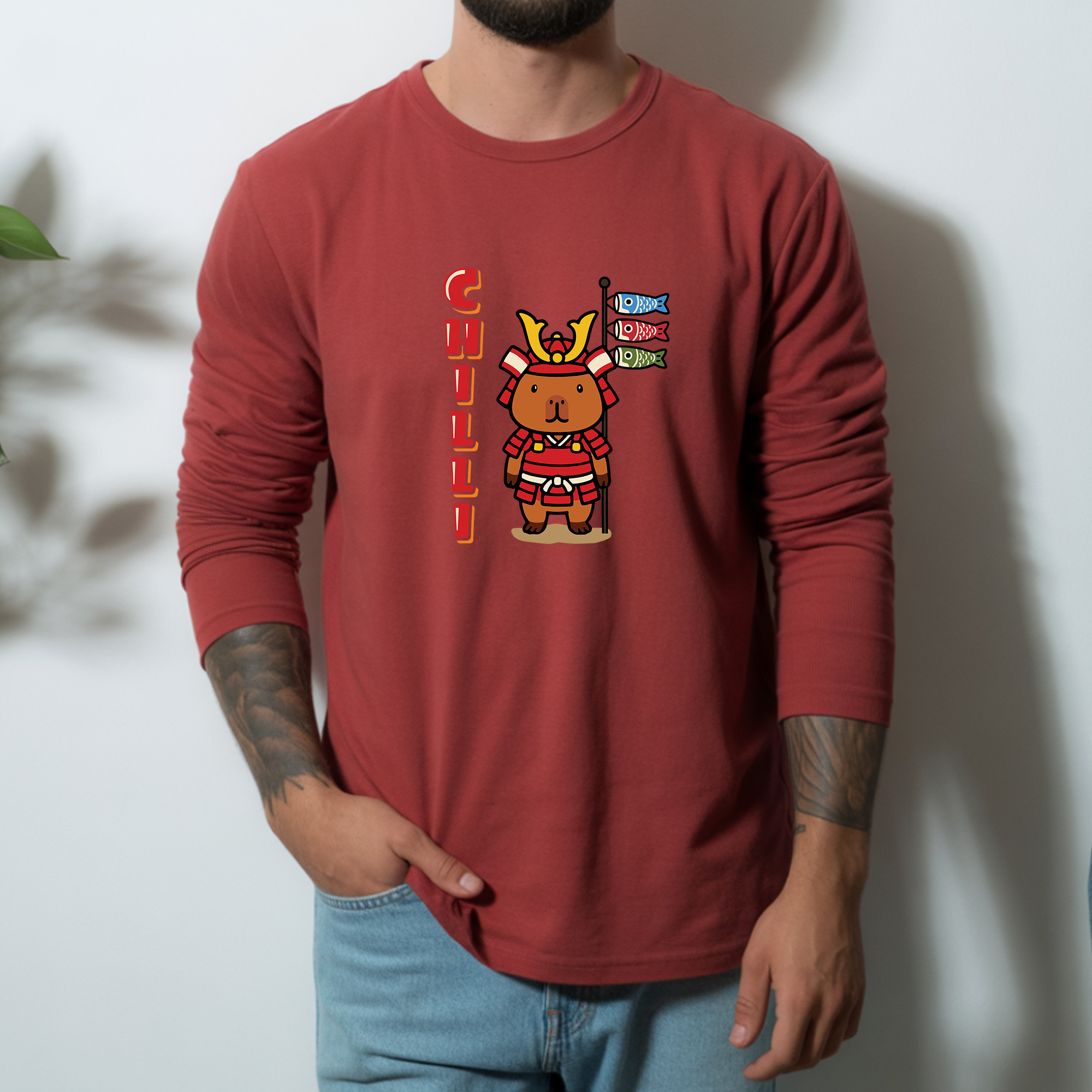 Chilli the Samurai Warrior Capybara Cartoon long sleeve shirt, Cute Kawaii Animal Gift