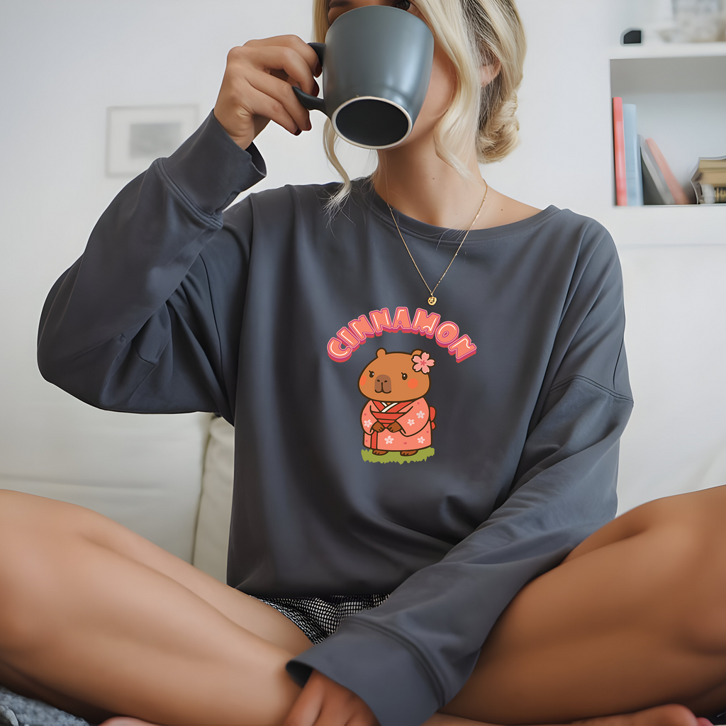 Cinnamon the Cherry Blossom Lover Capybara Cartoon long sleeve shirt, Cute Kawaii Animal Gift