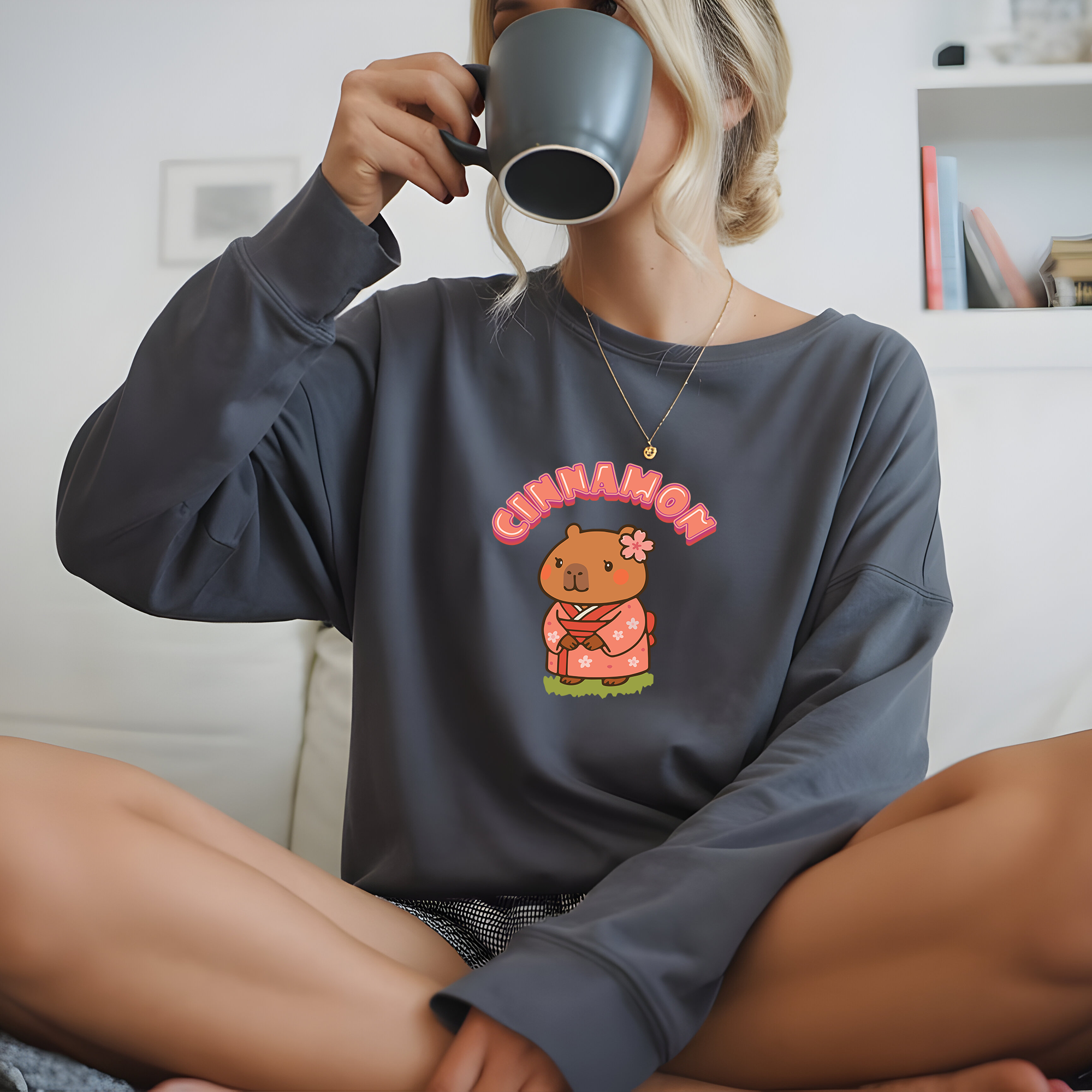 Cinnamon the Cherry Blossom Lover Capybara Cartoon long sleeve shirt, Cute Kawaii Animal Gift
