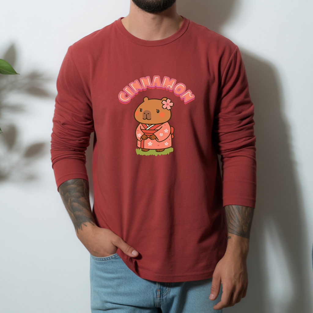 Cinnamon the Cherry Blossom Lover Capybara Cartoon long sleeve shirt, Cute Kawaii Animal Gift