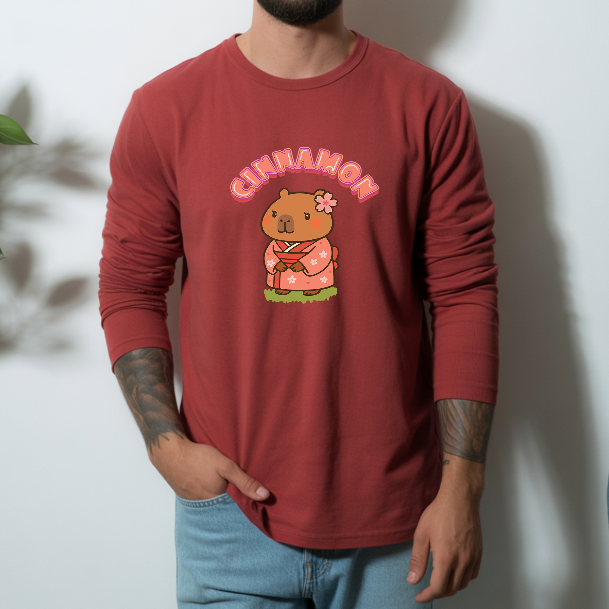 Cinnamon the Cherry Blossom Lover Capybara Cartoon long sleeve shirt, Cute Kawaii Animal Gift