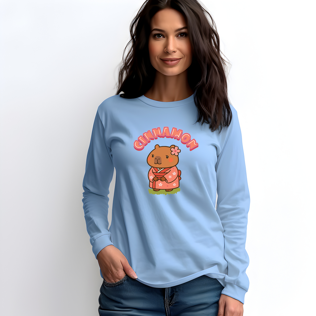 Cinnamon the Cherry Blossom Lover Capybara Cartoon long sleeve shirt, Cute Kawaii Animal Gift