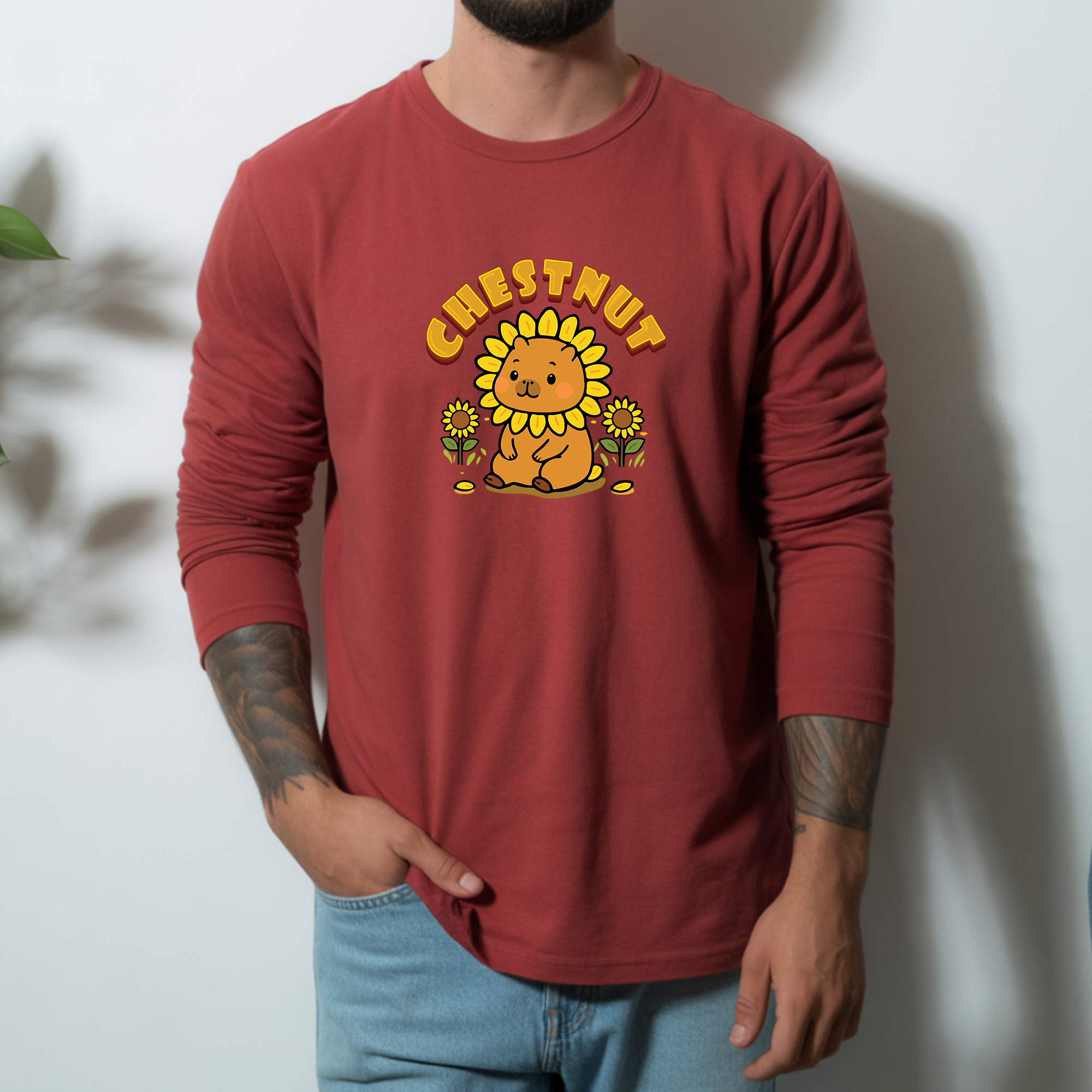 Chestnut the Sunflower Lover Capybara Cartoon long sleeve shirt, Cute Kawaii Animal Gift