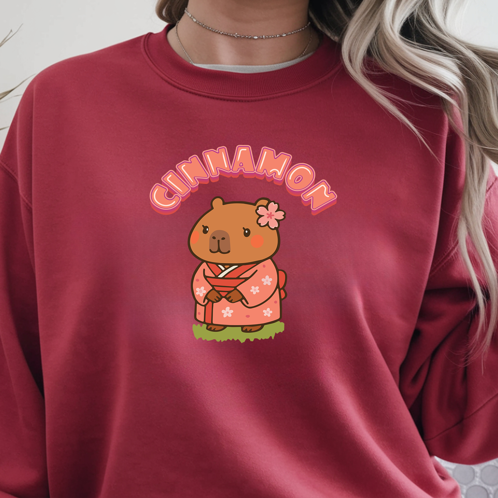 Cinnamon the Cherry Blossom Lover Capybara Cartoon Sweater, Cute Kawaii Animal Gift
