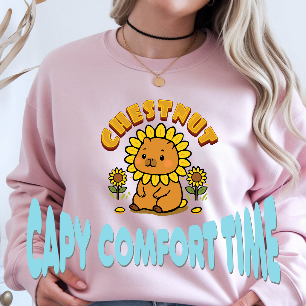 Chestnut the Sunflower Lover Capybara Cartoon Sweater, Cute Kawaii Animal Gift