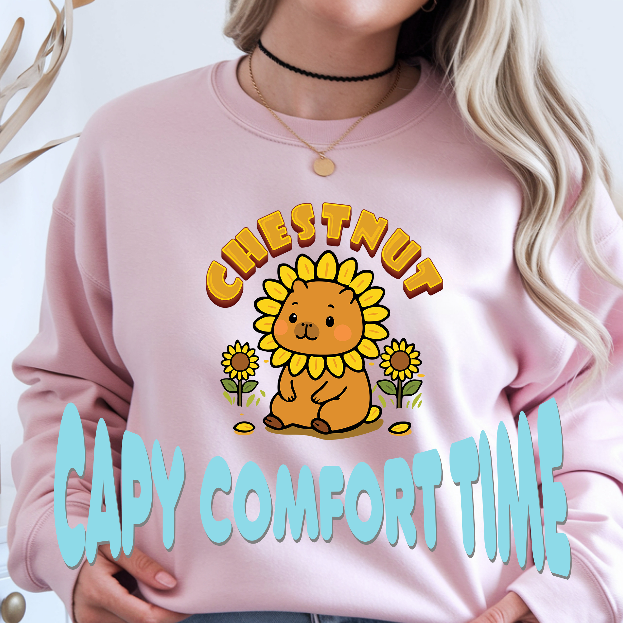 Chestnut the Sunflower Lover Capybara Cartoon Sweater, Cute Kawaii Animal Gift