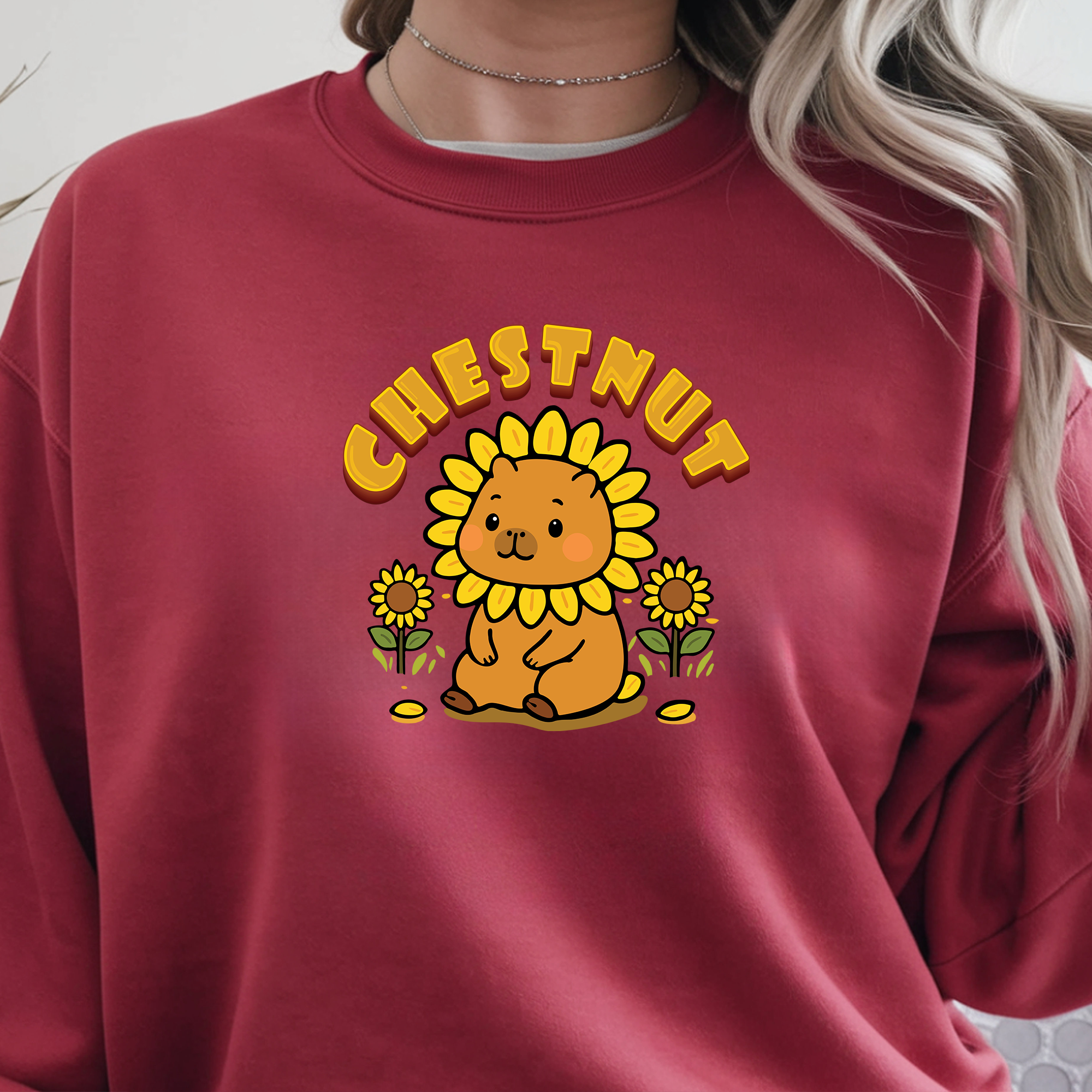 Chestnut the Sunflower Lover Capybara Cartoon Sweater, Cute Kawaii Animal Gift