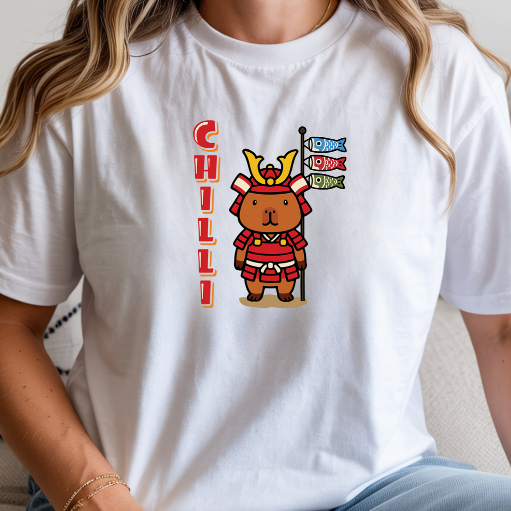 Chilli the Samurai Warrior Capybara Cartoon T-Shirt, Cute Kawaii Animal Gift