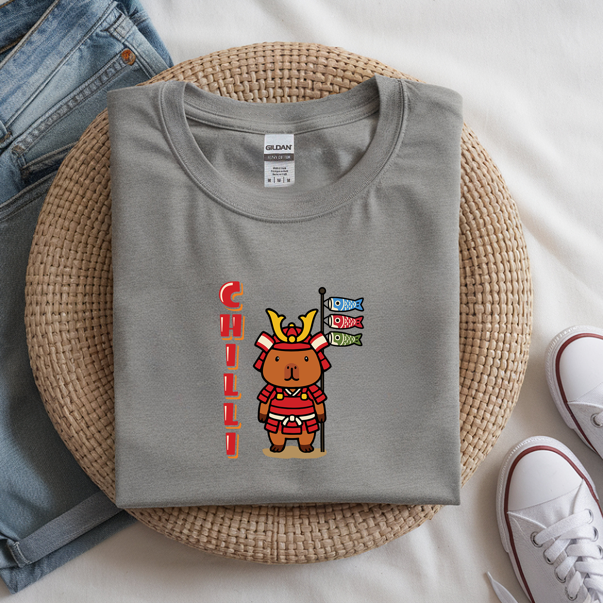 Chilli the Samurai Warrior Capybara Cartoon T-Shirt, Cute Kawaii Animal Gift