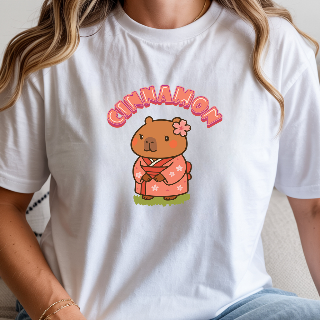 Cinnamon the Cherry Blossom Lover Capybara Cartoon T-Shirt, Cute Kawaii Animal Gift