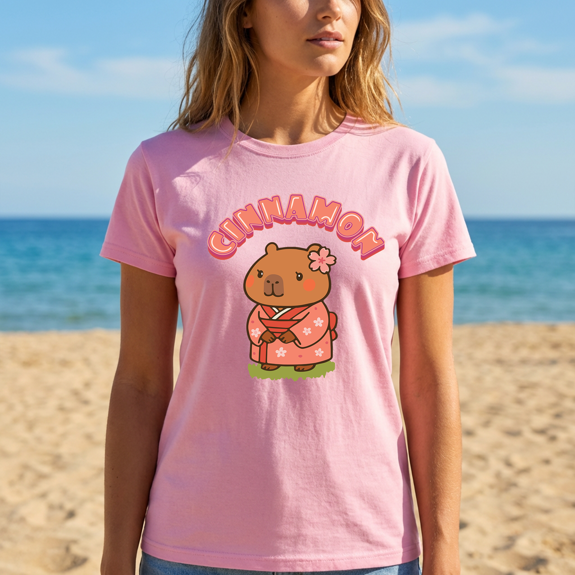 Cinnamon the Cherry Blossom Lover Capybara Cartoon T-Shirt, Cute Kawaii Animal Gift