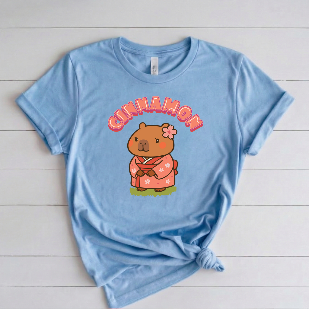 Cinnamon the Cherry Blossom Lover Capybara Cartoon T-Shirt, Cute Kawaii Animal Gift