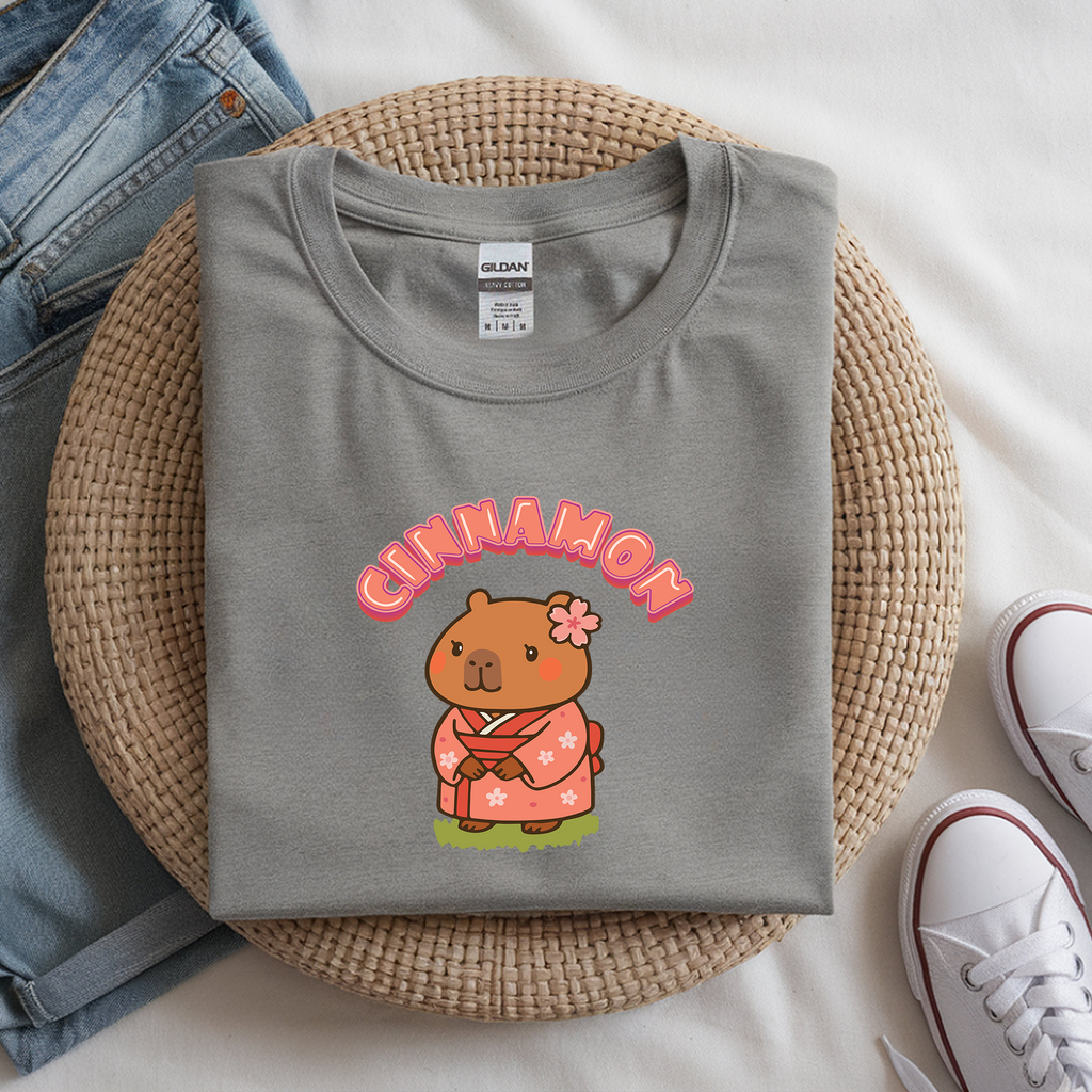 Cinnamon the Cherry Blossom Lover Capybara Cartoon T-Shirt, Cute Kawaii Animal Gift