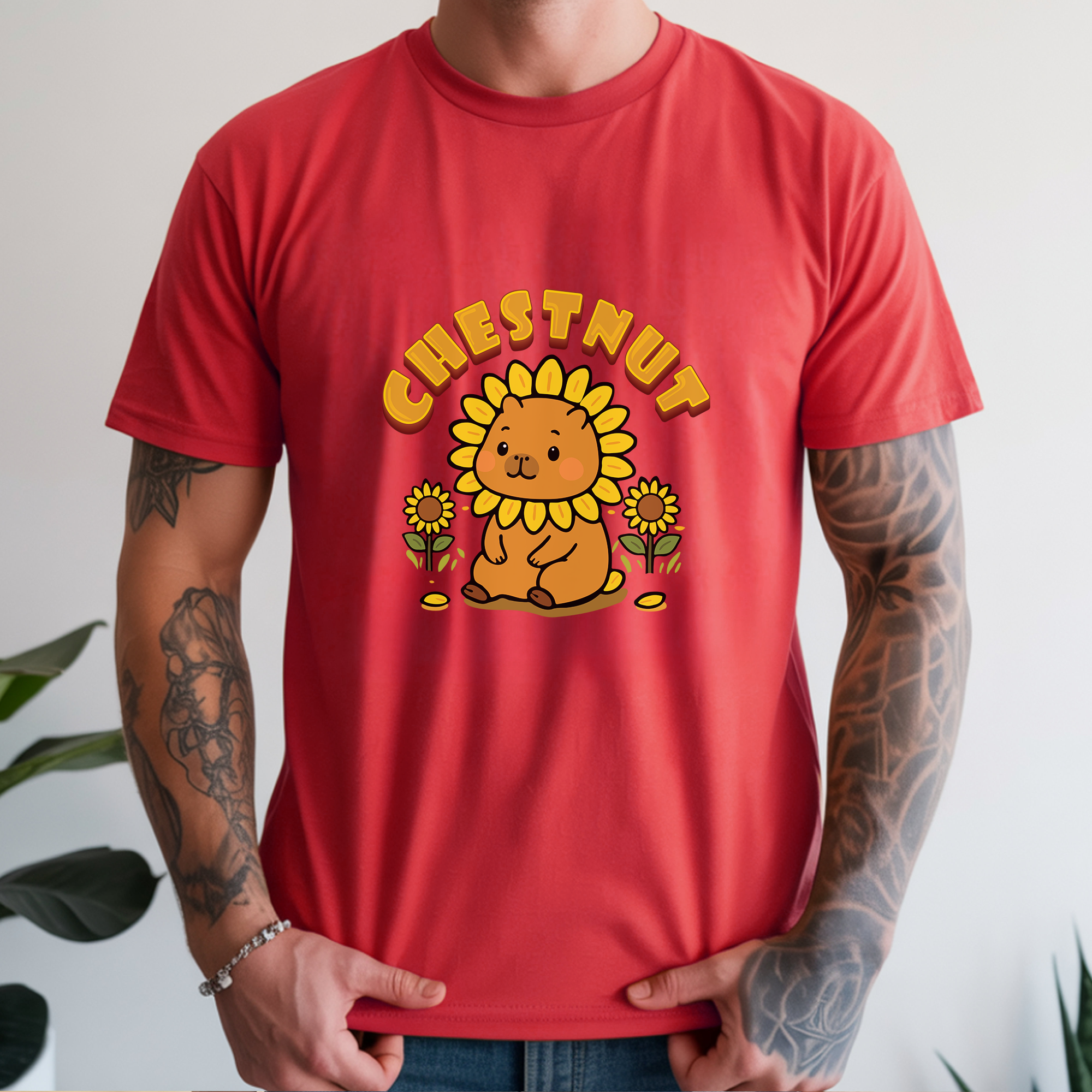 Chestnut the Sunflower Lover Capybara Cartoon T-Shirt, Cute Kawaii Animal Gift