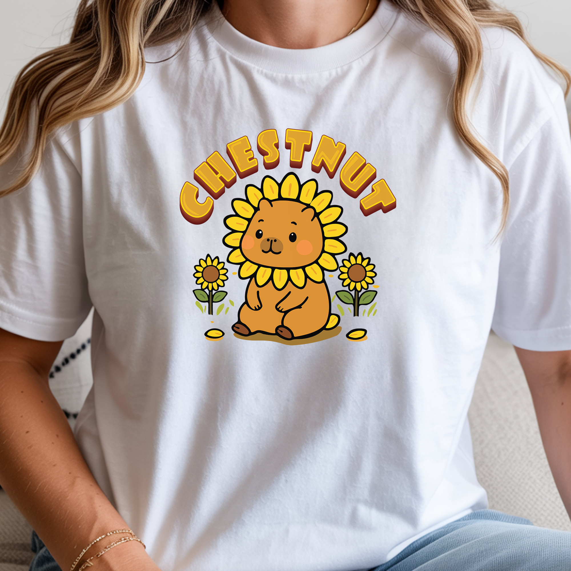 Chestnut the Sunflower Lover Capybara Cartoon T-Shirt, Cute Kawaii Animal Gift
