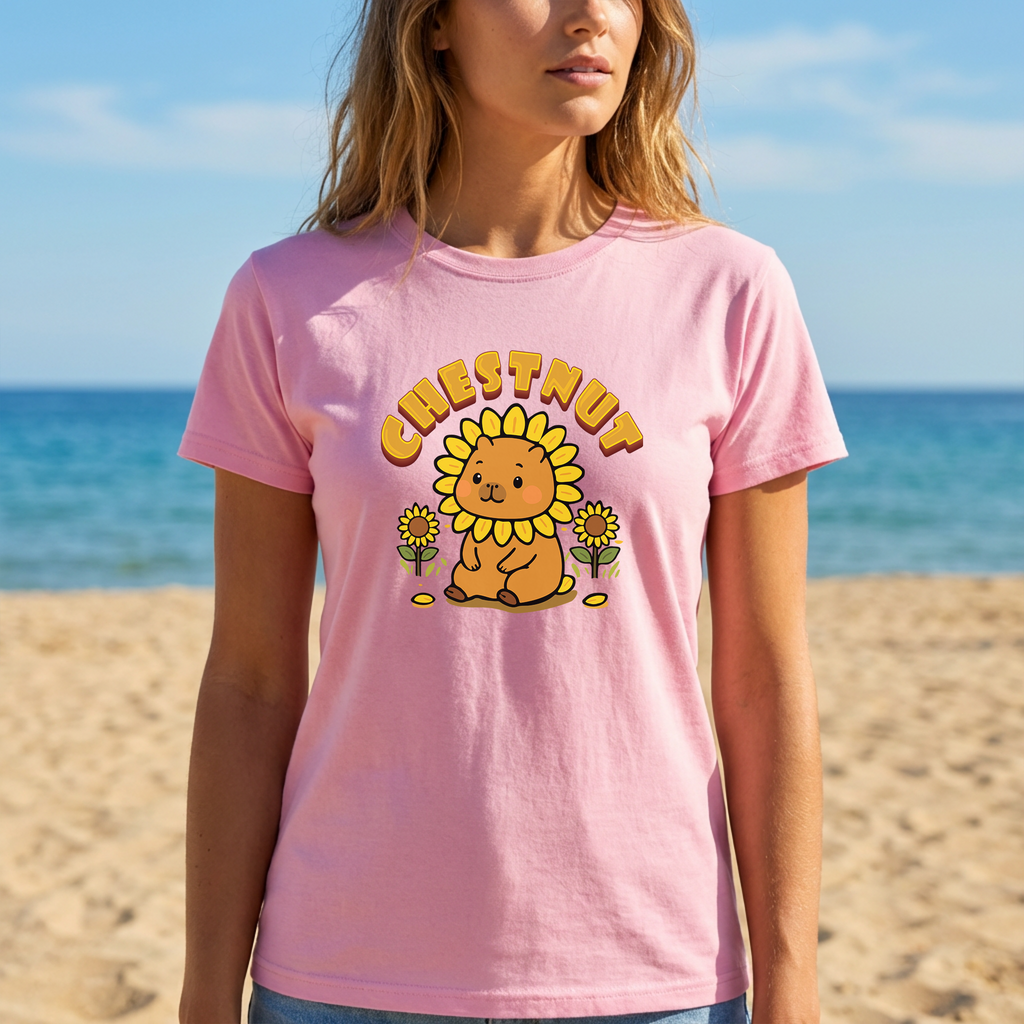 Chestnut the Sunflower Lover Capybara Cartoon T-Shirt, Cute Kawaii Animal Gift
