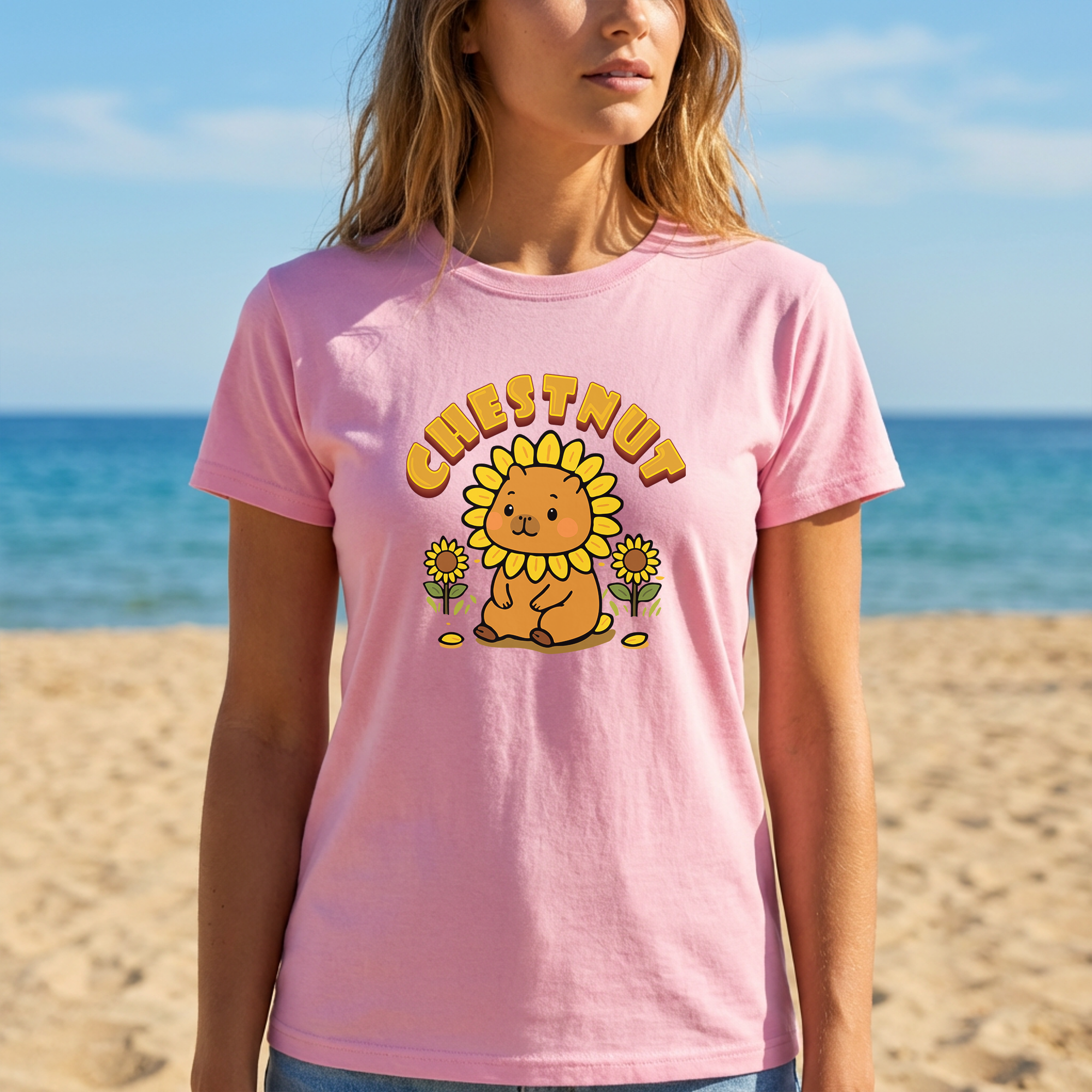 Chestnut the Sunflower Lover Capybara Cartoon T-Shirt, Cute Kawaii Animal Gift