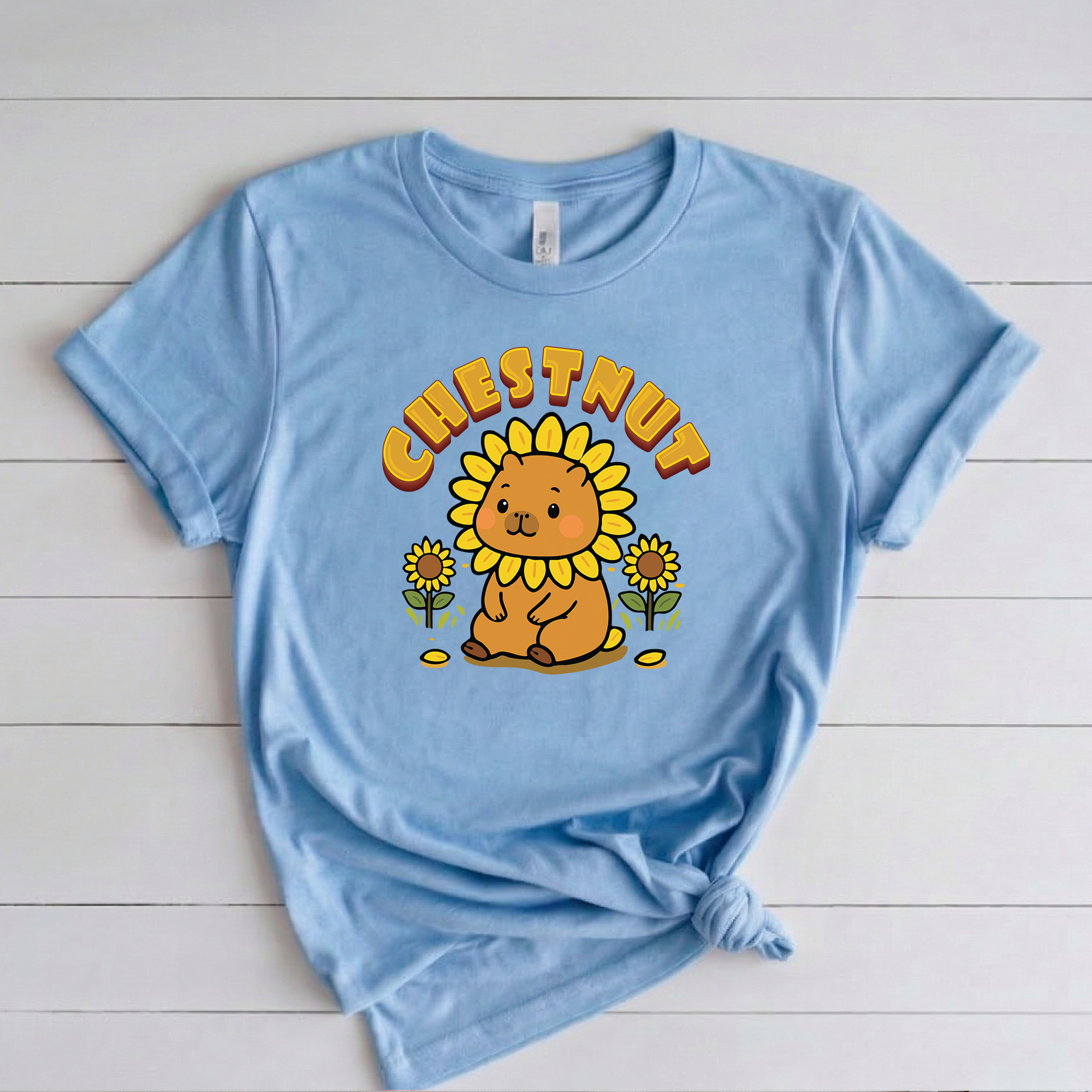 Chestnut the Sunflower Lover Capybara Cartoon T-Shirt, Cute Kawaii Animal Gift