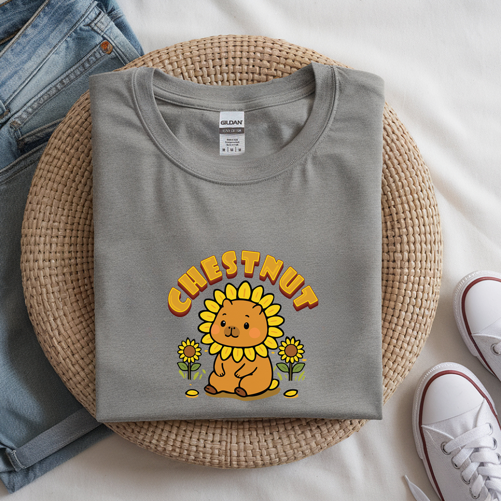 Chestnut the Sunflower Lover Capybara Cartoon T-Shirt, Cute Kawaii Animal Gift