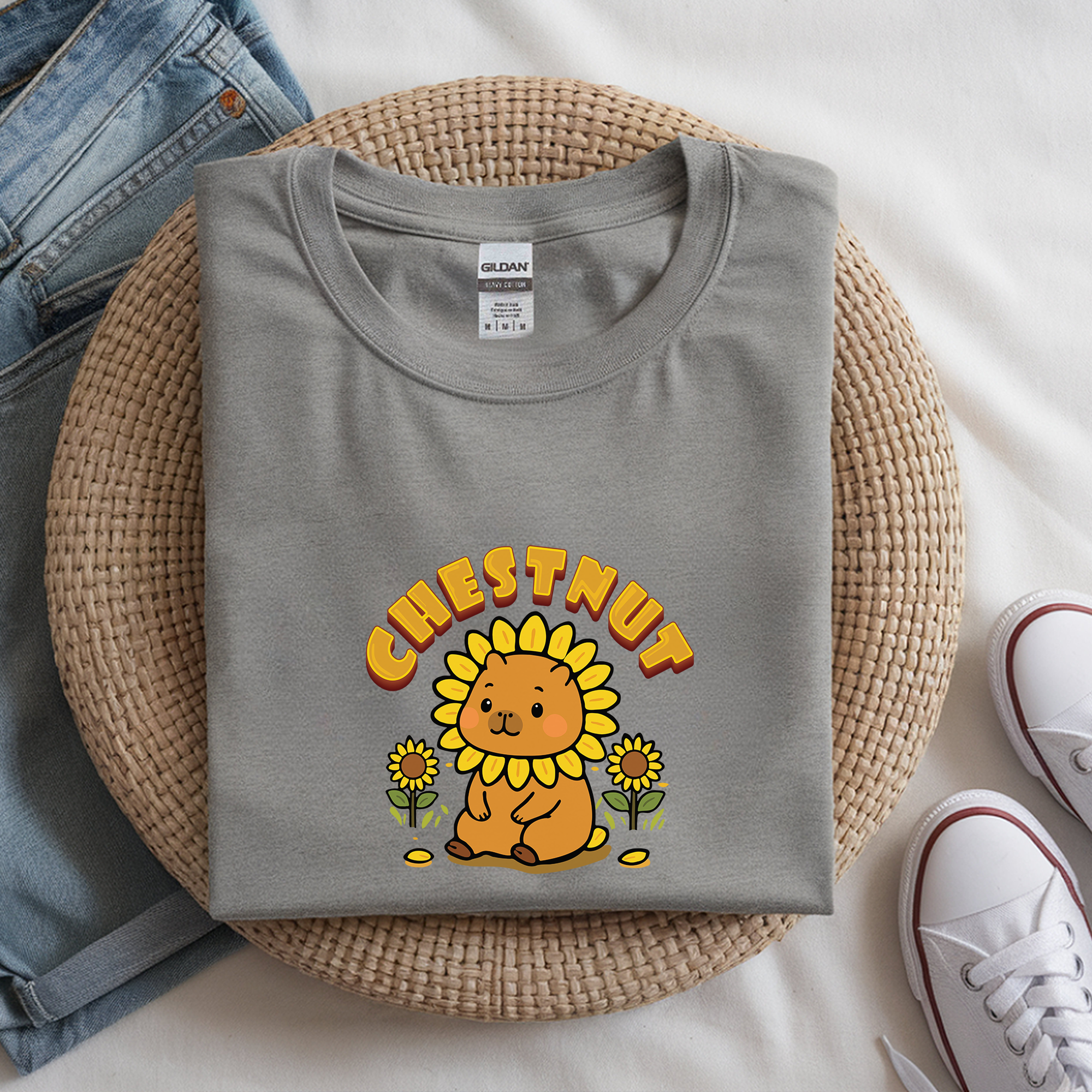 Chestnut the Sunflower Lover Capybara Cartoon T-Shirt, Cute Kawaii Animal Gift