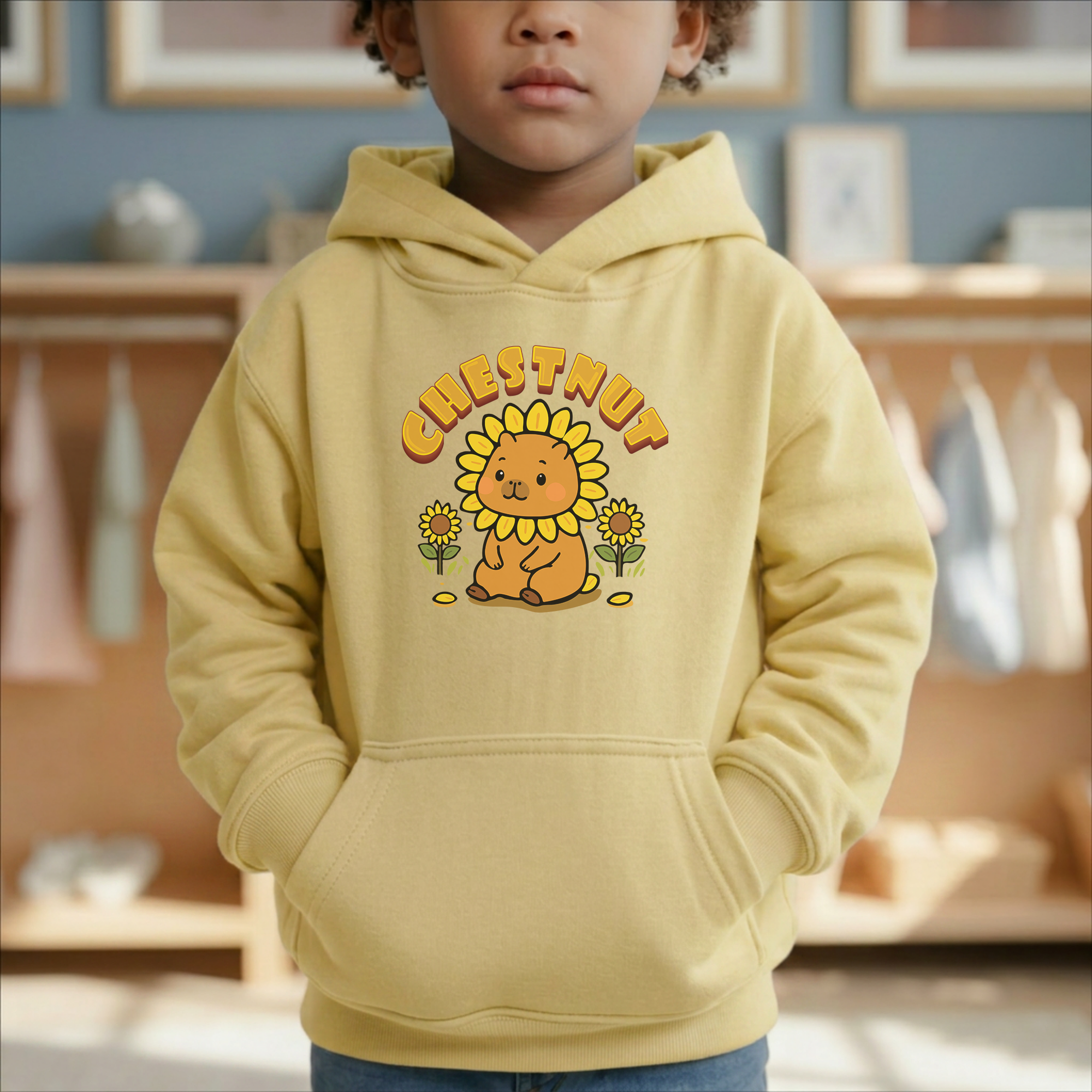 Chestnut the Sunflower Lover Capybara Cartoon Hoodie, Cute Kawaii Animal Gift