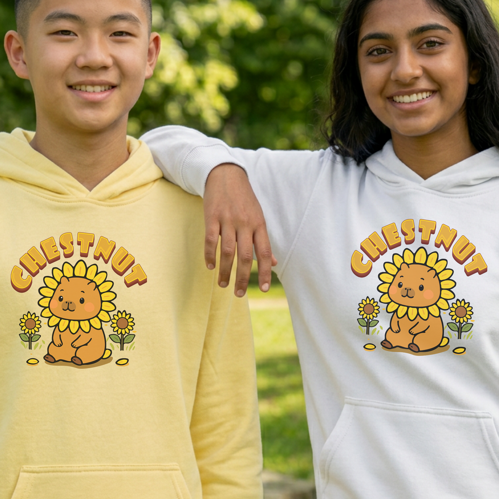 Chestnut the Sunflower Lover Capybara Cartoon Hoodie, Cute Kawaii Animal Gift
