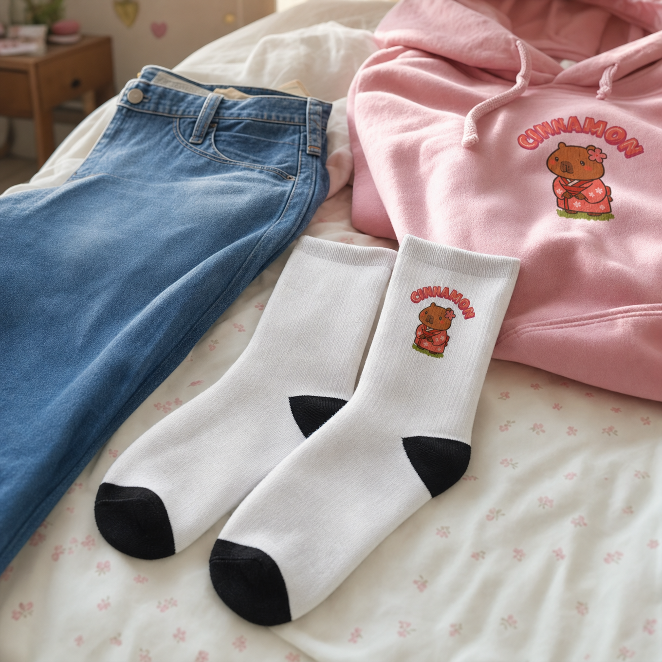 Cinnamon the Cherry Blossom Lover Capybara Cartoon Socks, Cute Kawaii Animal Gift