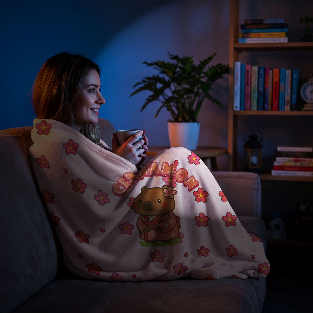 Cinnamon the Cherry Blossom Lover Capybara Cartoon Soft Blanket, Cute Kawaii Animal Gift