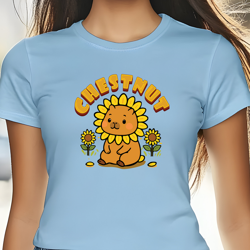 Chestnut the Sunflower Lover Capybara Cartoon T-Shirt, Cute Kawaii Animal Gift
