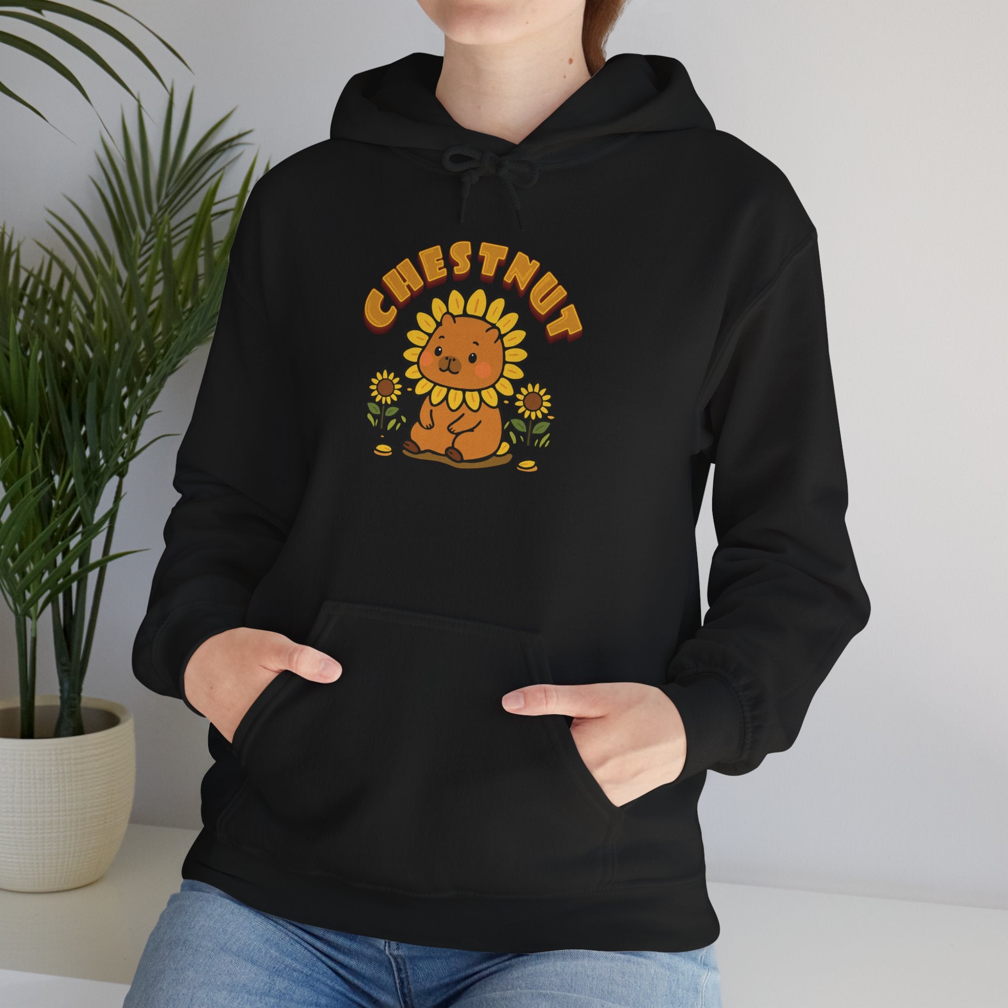 Chestnut the Sunflower Lover Capybara Cartoon Hoodie, Cute Kawaii Animal Gift