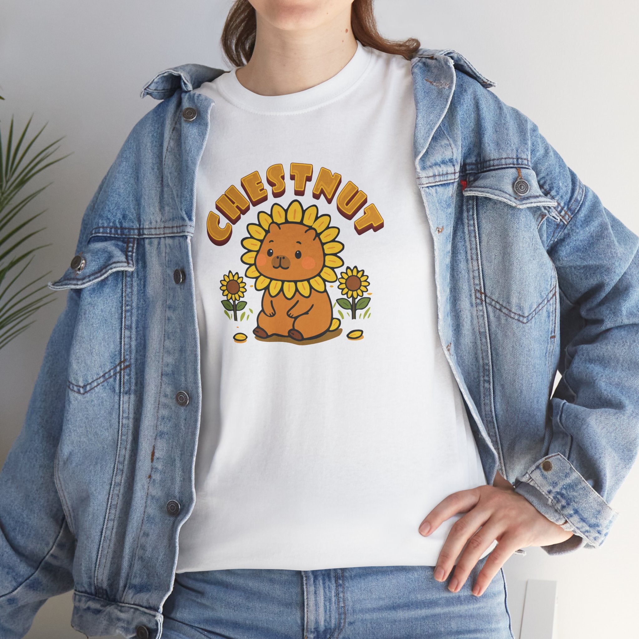 Chestnut the Sunflower Lover Capybara Cartoon T-Shirt, Cute Kawaii Animal Gift