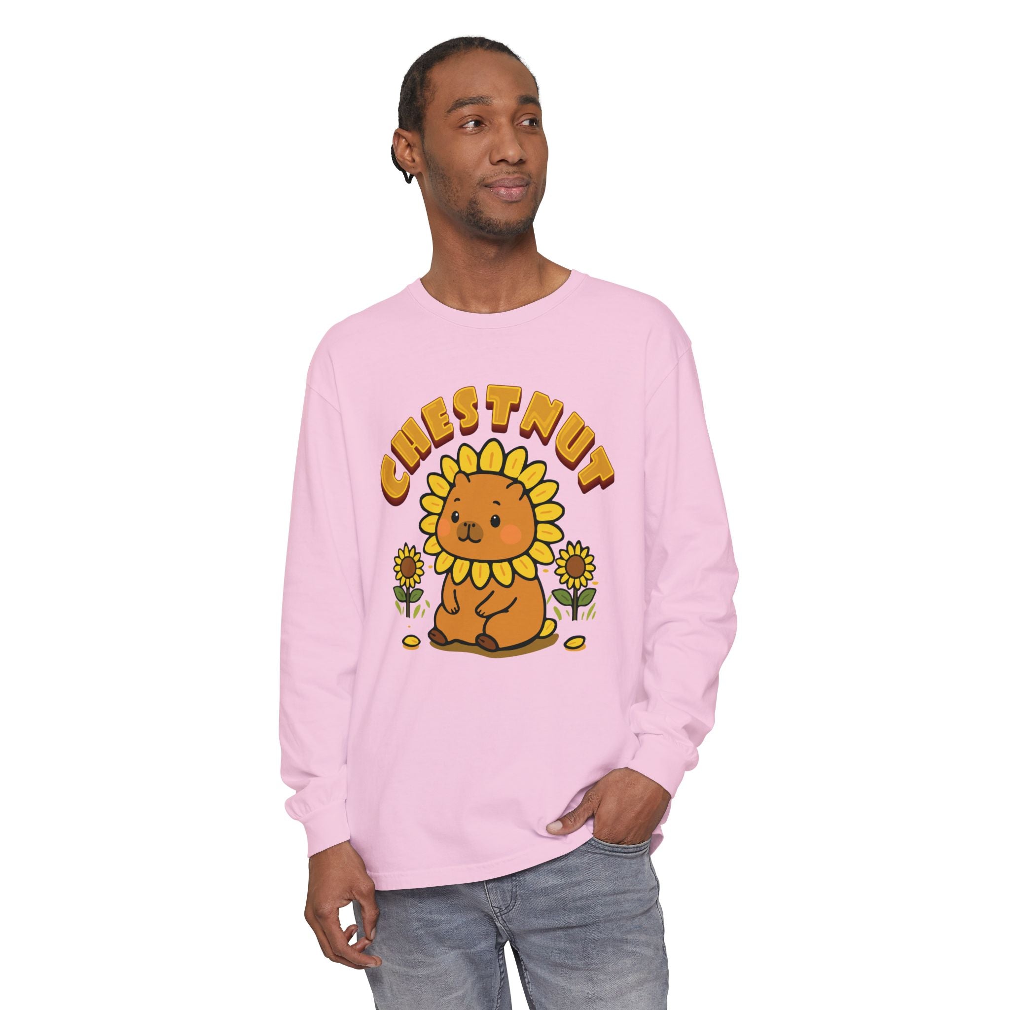 Chestnut the Sunflower Lover Capybara Cartoon long sleeve shirt, Cute Kawaii Animal Gift